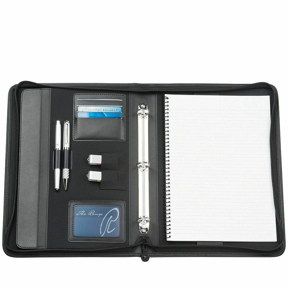 A4 Leather Look Zippered Compendium Fixed 3 Ring Binder Organiser