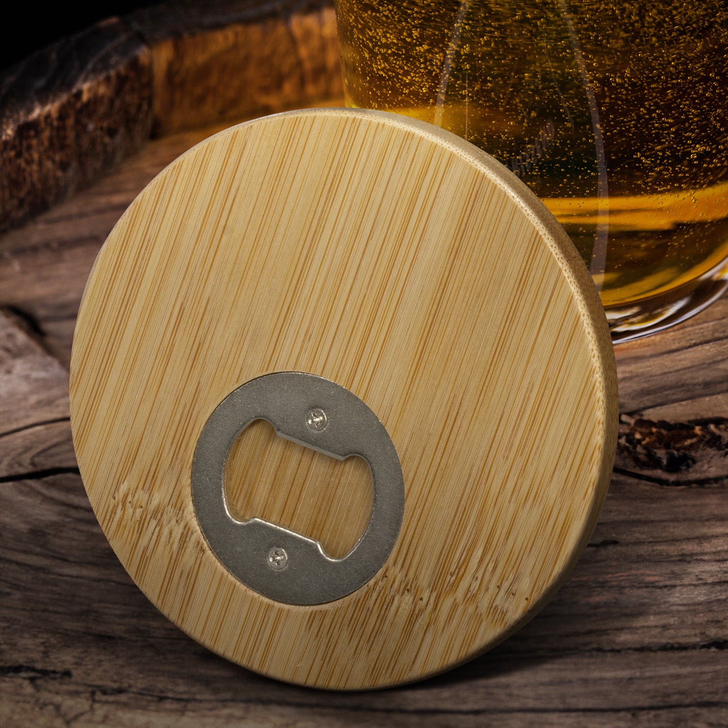 Bamboo Bottle Opener Coaster Round - Multi-Purpose Coaster - Buy 25, 50 or 100