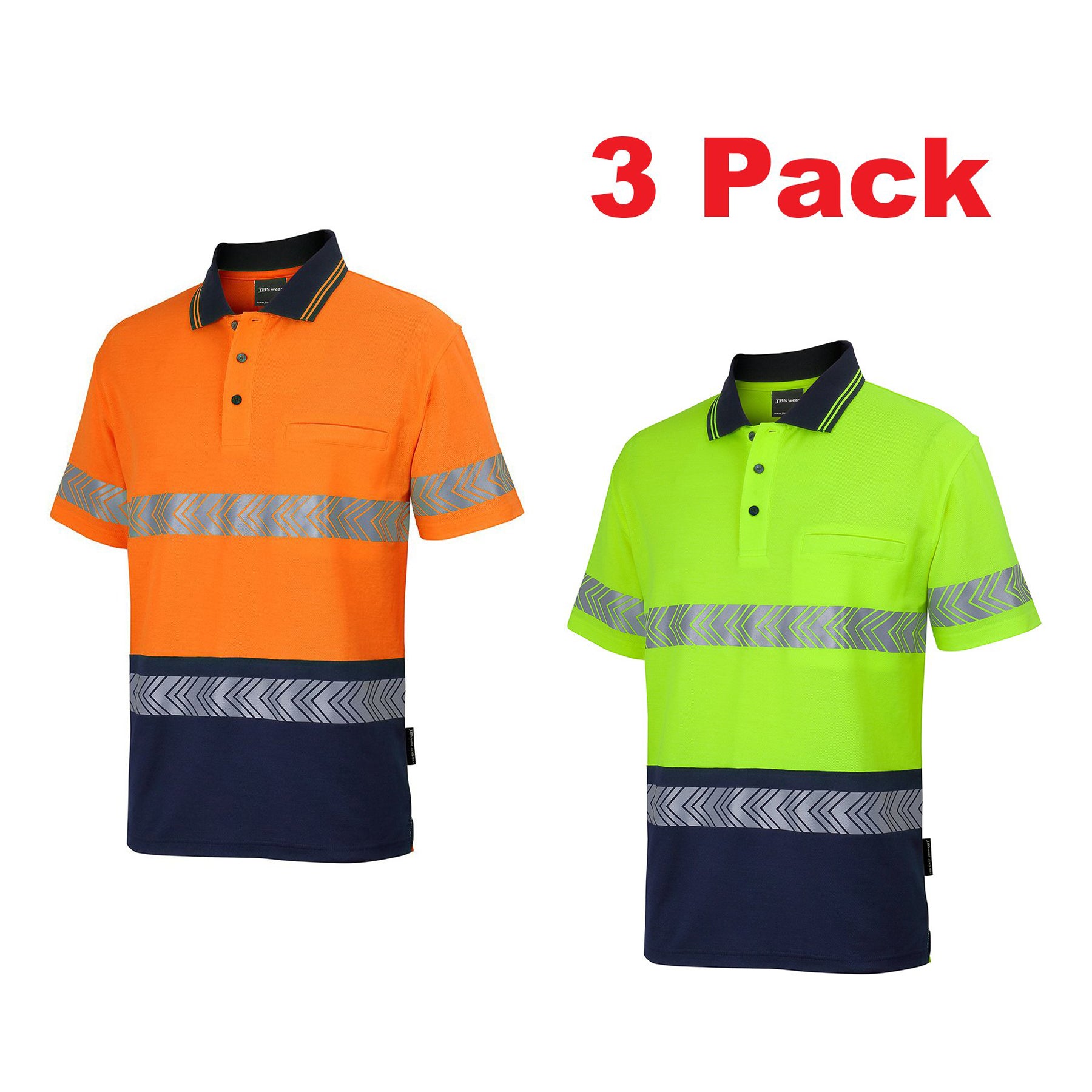 JB's Wear - 3 Pack - HI VIS (D+N) COTTON BACK S/S SEGMENTED TAPE POLO